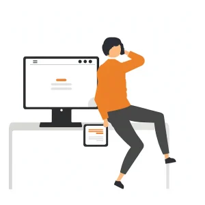 graphic of a man that is talking on a cell phone, holding a tablet and leaning against a desktop