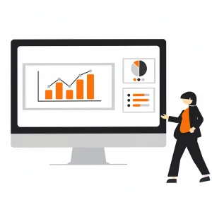 graphic of a woman next to a screen with a presentation of graphs/charts showing target market data & property data