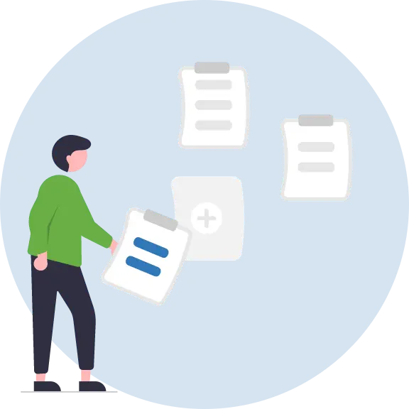 graphic of a man choosing two keywords from a sheet of paper
