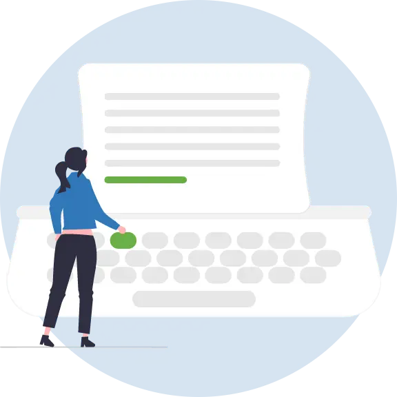 graphic of woman typing ad copy on a giant typewriter