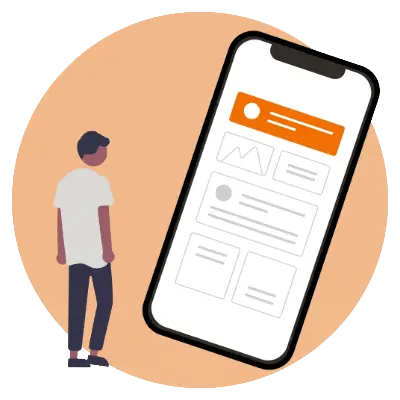 graphic of a man staring at a giant phone with a search bar selected in orange