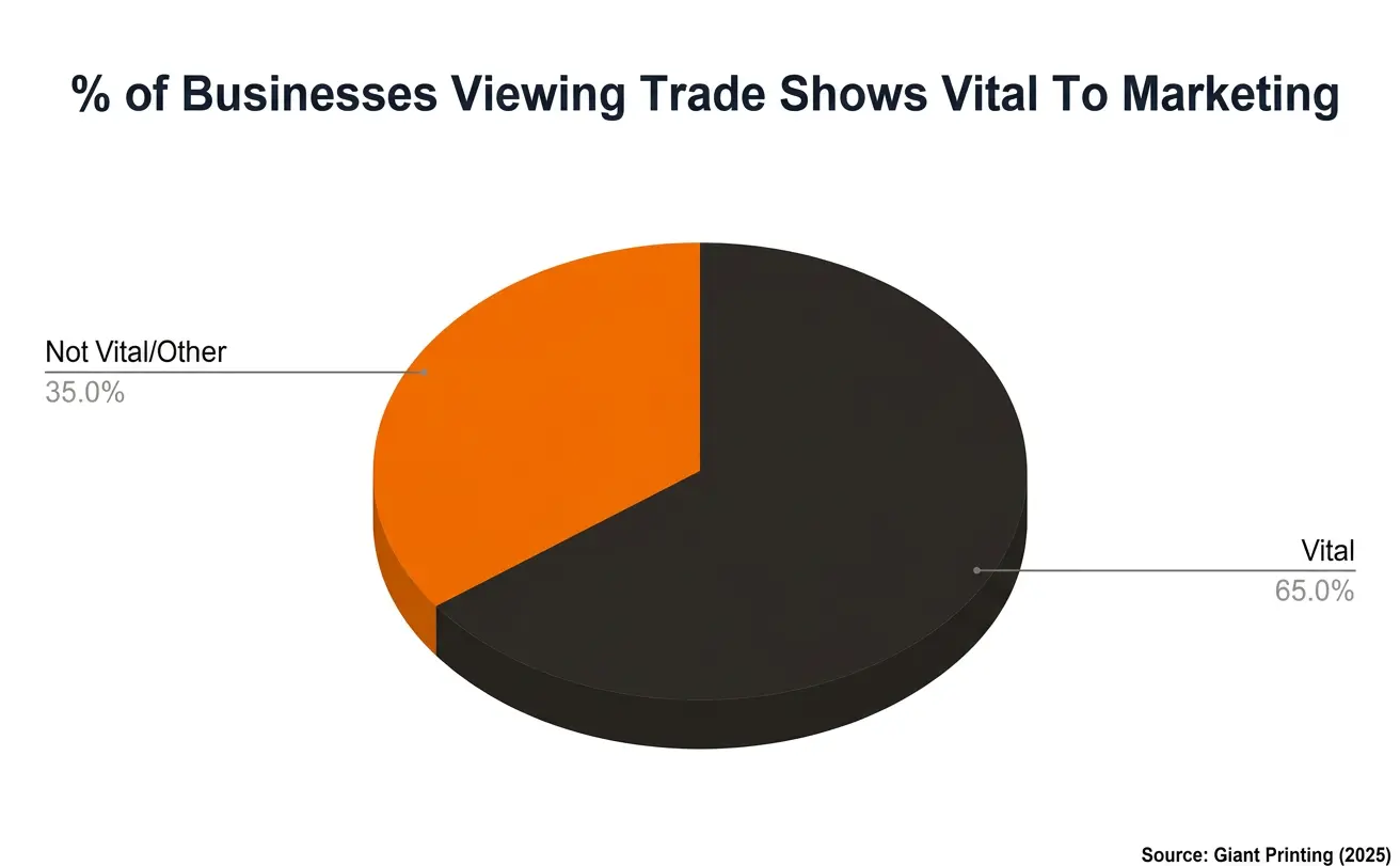 Pie chart showing the "% of Businesses Viewing Trade Shows Vital to Marketing". 65% of businesses answered that they believed it vital to marketing. Source: Giant Printing (2025)