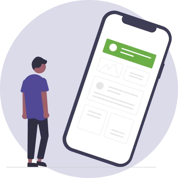 graphic of a man staring at a giant phone with a search bar selected in green