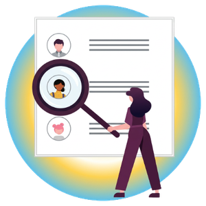 Woman looking for a marketing persona with a magnifying glass on a giant list of prospects.