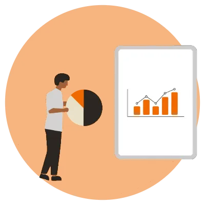 graphic of a man holding a pie chart and standing in front of a bar graph to indicate metric tracking for ads.