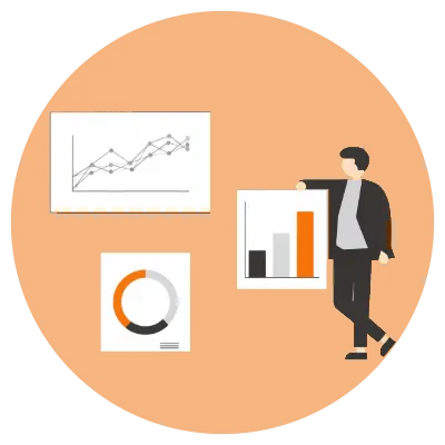 graphic of man in suit jacket leaning against ad performance charts that show data