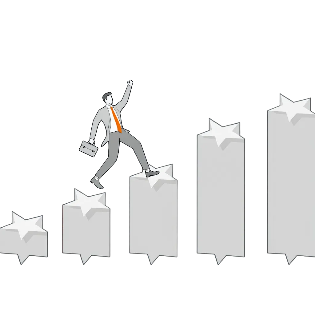 Man climbing up to 5 star review with briefcase in hand and an orange tie.