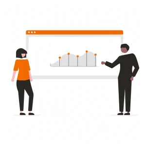 Man and woman looking at a property data report graph to identify neighborhood with growth potential.