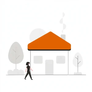 Woman walking near a piece of property with an orange roof in a neighborhood.