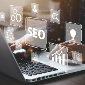 SEO icons hovering over a laptop computer.