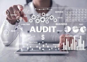 Someone pointing to a screen that shows an audit of a business, with things like services, SEO, quality, budget & processes being audited.