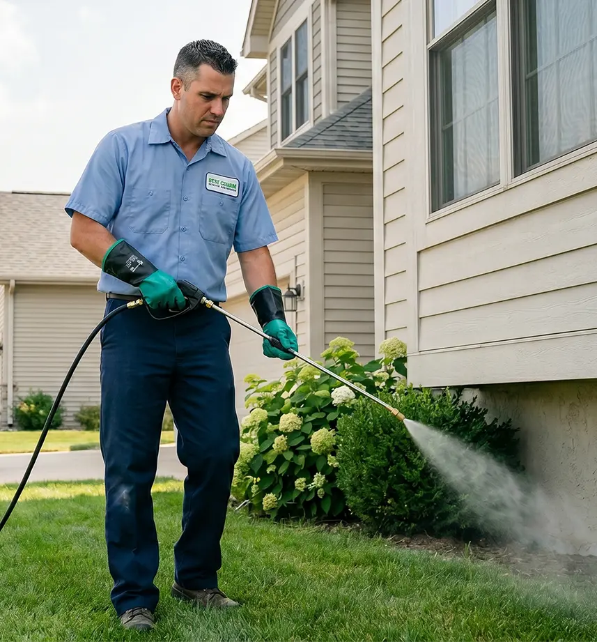 Pest control technician applying a foundational insect barrier spray to residential exterior.