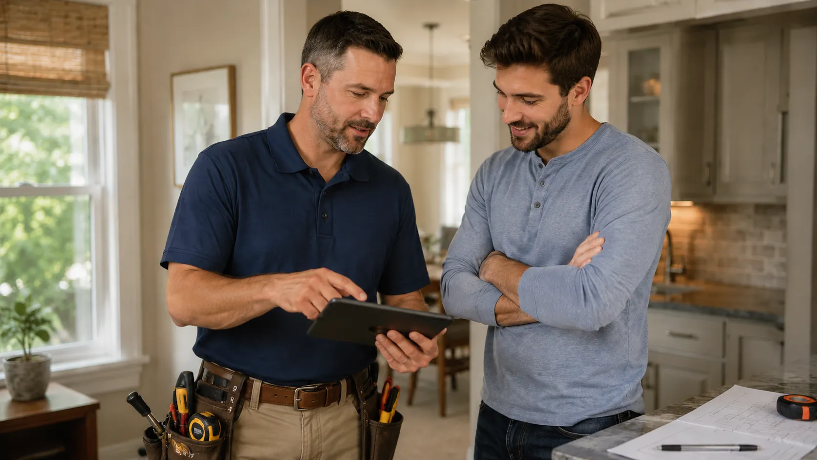 Home remodeling contractor reviewing renovation plans with a homeowner during an in-home consultation.