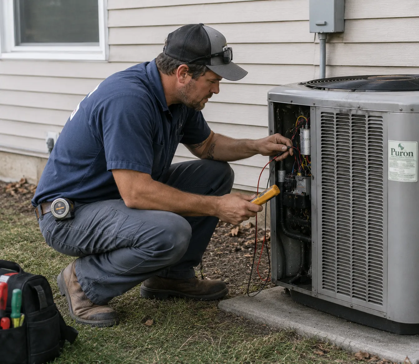 HVAC technician servicing a residential air conditioning unit during a routine heating and cooling system inspection.