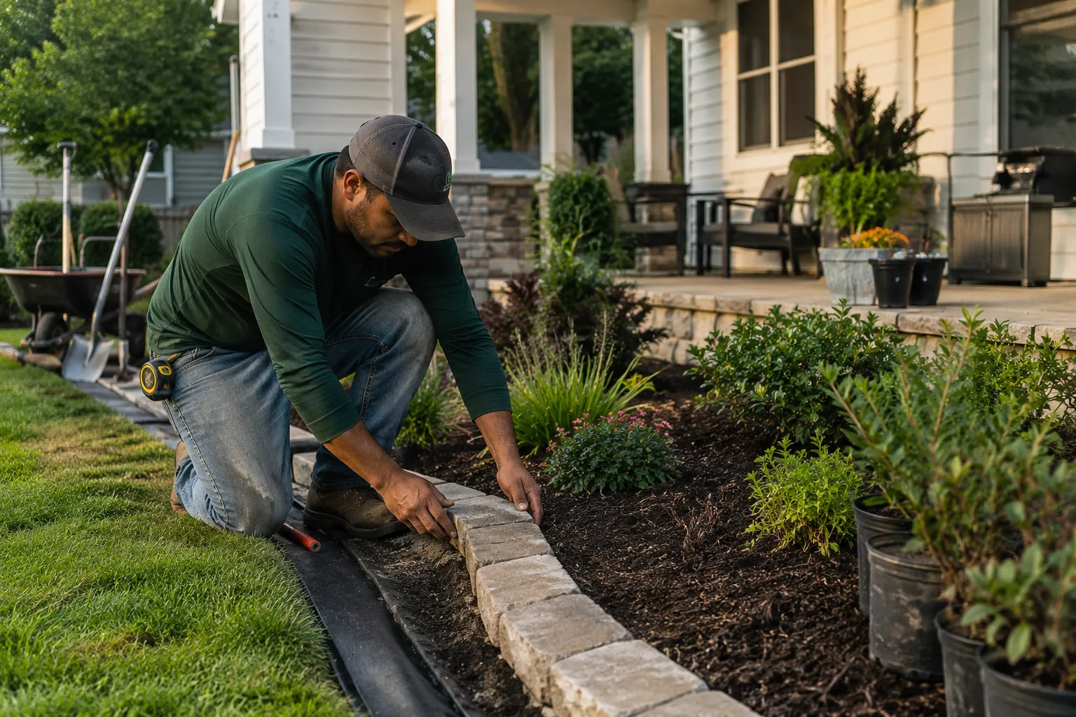 Landscape and hardscape contractor installing a decorative retaining wall and landscaping around a residential home to enhance curb appeal and outdoor living.