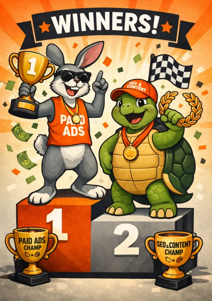 Tortoise and Hare standing on winners blocks. Hare (paid ads) in 1st place holding trophy. Tortoise (SEO) in second place holding wreath.