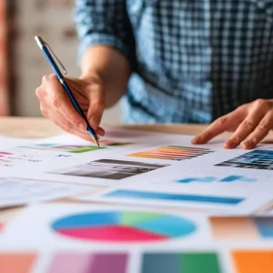 Someone working on branding colors and layout with a pen in hand.