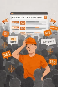Roofing contractor surrounded by competitors in a crowded digital marketplace, representing challenges of traditional roofing lead generation.
