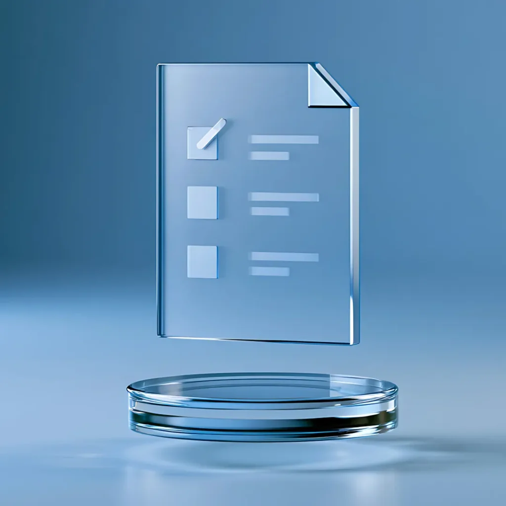 A report with checkmarks that is transparent like glass.